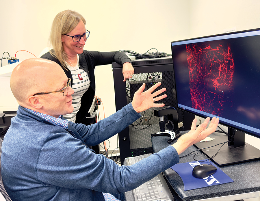 Two researchers looking at a monitor showing a photo of a microscope image.