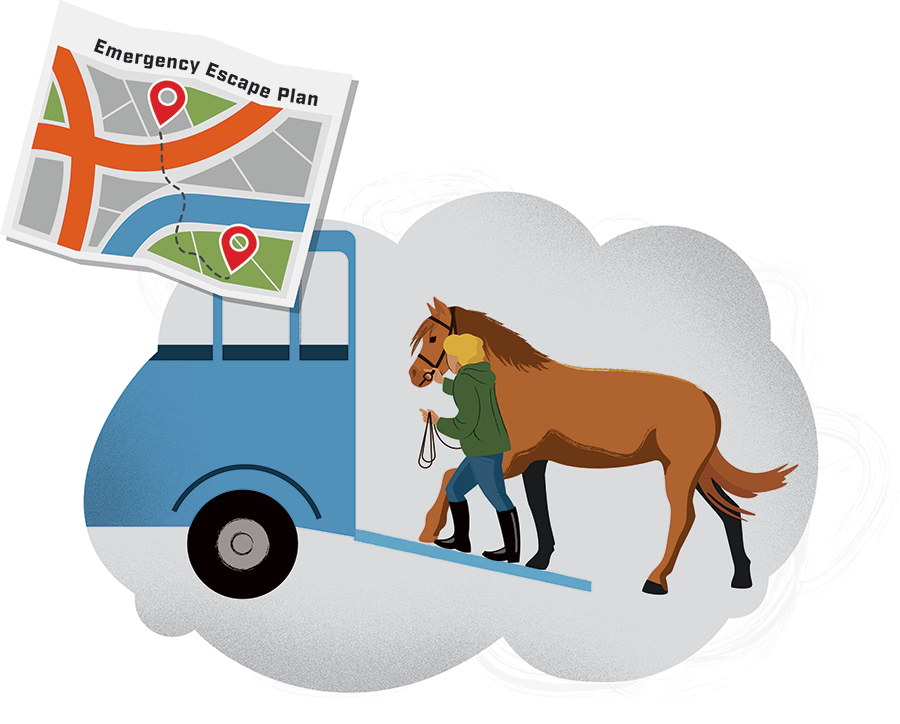 An illustration of a horse being escorted into a trailer.