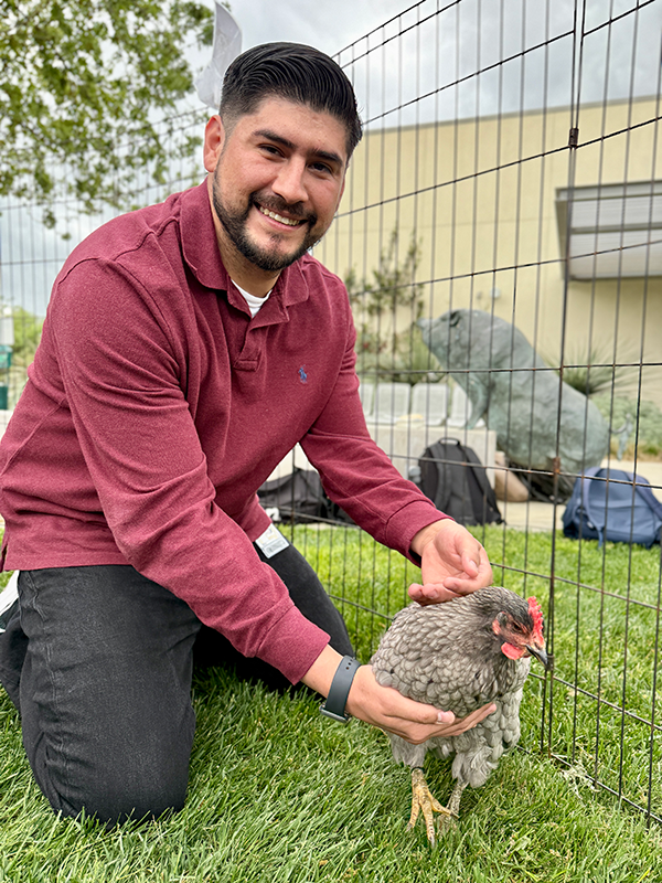 A vet student petting a chicken.