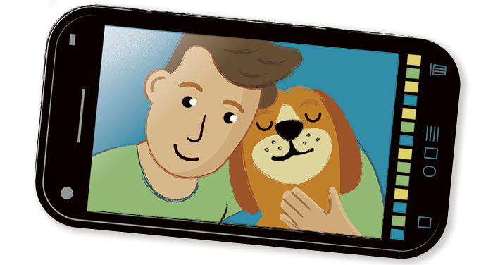 An illustration of person taking a phone selfie with a puppy.