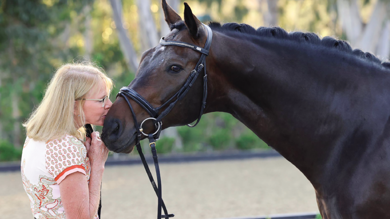 An owner nuzzles their horse's nose