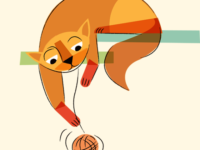 Illustration of a cat on a ledge playing with a ball of yarn.