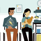 An illustration of people sitting with their pets in a vet waiting room.