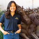 Vet student standing in front of a metal sculpture of three horses running.