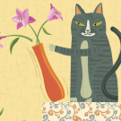 An illustration of a cat knocking over a vase of flowers.