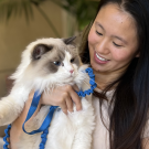 A woman holding a long haired cat.