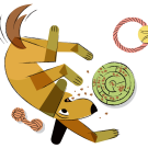 An illustration of a dog playing with toys.