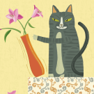 Illustration of a cat knocking over a vase of flowers.